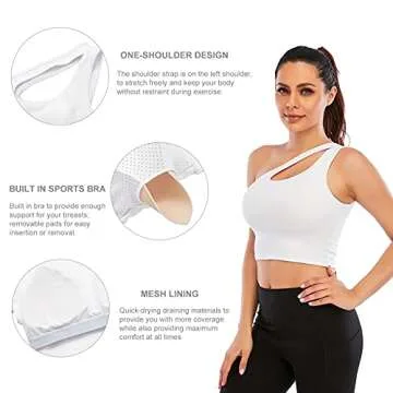 Youloveit One Shoulder Sports Bras for Women Medium Support Longline Padded Yoga Crop Tank Top with Built in Sports Bra（White,XL