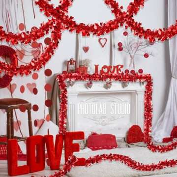 50FT Valentines Day Garland Valentines Day Decor Red Heart Tinsel Garland Metallic Glitter Hanging Garland Valentines Decorations for Home Mantel Indoor Outdoor Wedding Galentines Party Romantic Decor