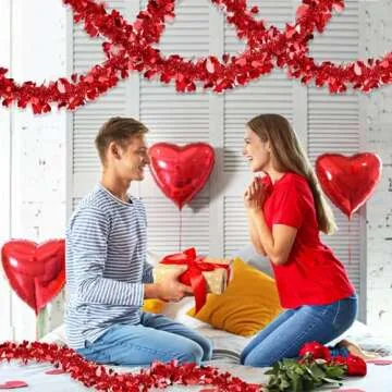 50FT Valentines Day Garland Valentines Day Decor Red Heart Tinsel Garland Metallic Glitter Hanging Garland Valentines Decorations for Home Mantel Indoor Outdoor Wedding Galentines Party Romantic Decor