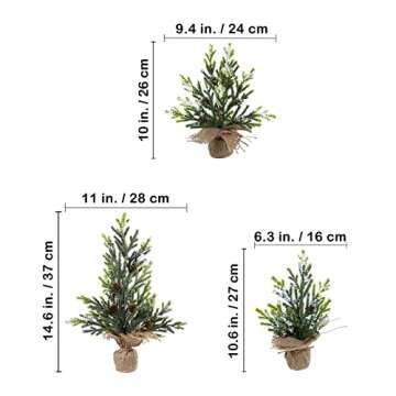 Winlyn 3 Pcs Mini Snowy Artificial Pine Tree with Burlap Base Small Tabletop Christmas Trees with Pi...
