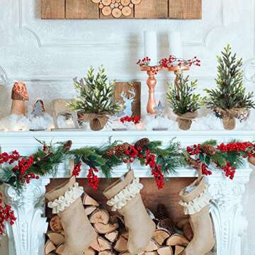 Winlyn 3 Pcs Mini Snowy Artificial Pine Tree with Burlap Base Small Tabletop Christmas Trees with Pine Cones 14.6" Tall for Gifts Farmhouse Rustic Christmas Winter Holiday Table Centerpiece Desk Decor