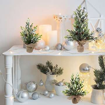 Winlyn 3 Pcs Mini Snowy Artificial Pine Tree with Burlap Base Small Tabletop Christmas Trees with Pine Cones 14.6" Tall for Gifts Farmhouse Rustic Christmas Winter Holiday Table Centerpiece Desk Decor