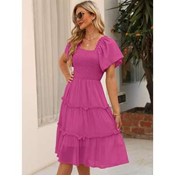 LILLUSORY Spring Midi Graduation Bridal Baby Shower Dresses Women 2024 Summer Casual Flowy Bridal Sun Sundress Trendy Brunch Cute Ladies Vacation Smocked Teacher Clothes Outfits Hot Pink