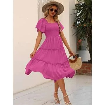 LILLUSORY Spring Midi Graduation Bridal Baby Shower Dresses Women 2024 Summer Casual Flowy Bridal Sun Sundress Trendy Brunch Cute Ladies Vacation Smocked Teacher Clothes Outfits Hot Pink