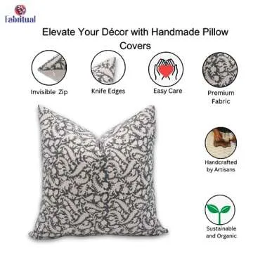 Fabritual Handmade Block Print Duck Canvas 20X20 Inch Throw Pillowcase Cushion Cover with Zipper, Outdoor, Home Décor, for Sofa, Chair and Couch, Fall Decoration, Boho, Black Forest, Grey