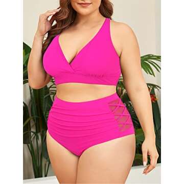 Womens Plus Size Bikini Two Piece Swimsuits Tummy Control Bathing Suits High Waisted Bikini Swimwear Rose Red 18 Plus