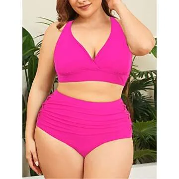 Womens Plus Size Bikini Two Piece Swimsuits Tummy Control Bathing Suits High Waisted Bikini Swimwear Rose Red 18 Plus