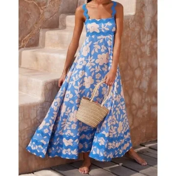 ALhLL Women's Halter Dress Floral Casual Beach Dress Ankle-Length Halter Dress Spring Summer Fall, Large