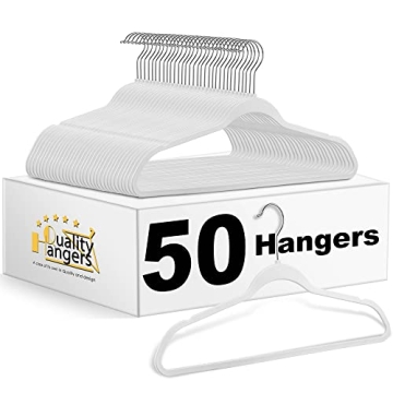 Quality Hangers 50 Pack Non-Velvet Plastic Hangers for Clothes - Heavy Duty Coat Hanger Set - Space-...