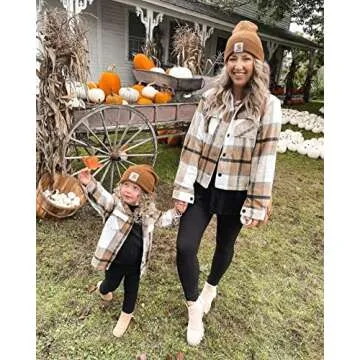 Binshre Womens Fashion Cropped Plaid Shacket Flannel Long Sleeve Button Down Jackets Coat for Women 2023 Fall Khaki US 12-14