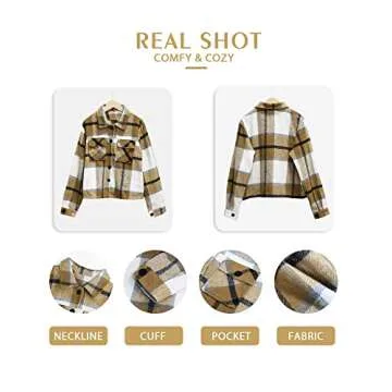 Binshre Womens Fashion Cropped Plaid Shacket Flannel Long Sleeve Button Down Jackets Coat for Women 2023 Fall Khaki US 12-14