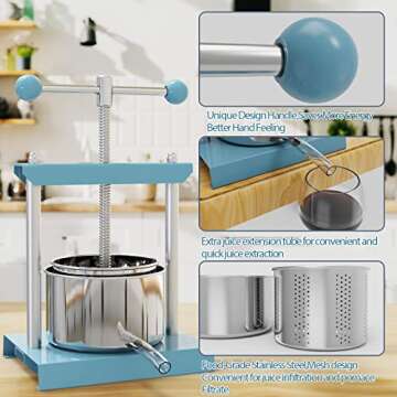 SQUEEZE master Cheese Tincture Herb Fruit Wine Manual Press -0.53Gallon/ 2 Litre-Power Ball Handle-Stainless Steel & Iron for Juice, Cider,Wine,Olive Oil-Blue