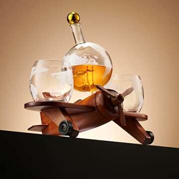 Godinger Whiskey Decanter Airplane Globe Set with 2 World Whiskey Glasses - for Liquor Scotch Bourbo...