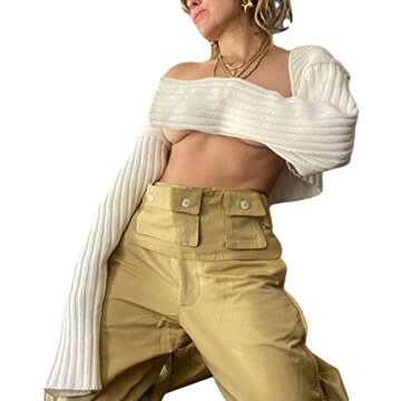 Women Y2K Crochet Shrug Sweater Knitted Long Sleeve Solid Color Open Front Cropped Cardigan Crop Tops Streetwear (A White, One Size)
