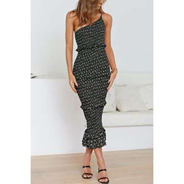 PRETTYGARDEN Women's Summer Midi Bodycon Dresses One Shoulder Strappy Tiered Ruffle Floral Boho Sun Dress (Black Floral,Small)