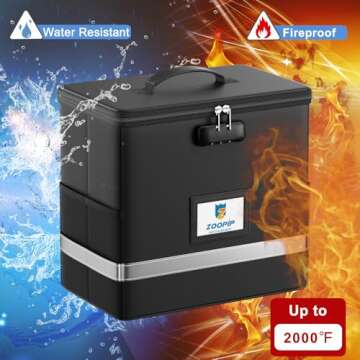 ZOOPIP Fireproof File Box with Lock, Document Box Storage Organizer, Suitable for Hanging File Folders in Letter Size, Collapsible File Box, Reflective Strip for Fast Find (12.2"*6"*10.2, Black)