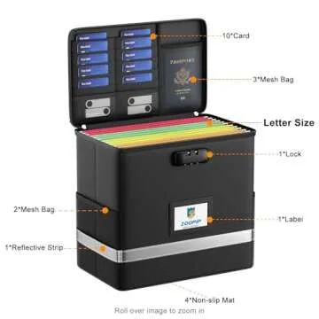 ZOOPIP Fireproof File Box with Lock, Document Box Storage Organizer, Suitable for Hanging File Folders in Letter Size, Collapsible File Box, Reflective Strip for Fast Find (12.2"*6"*10.2, Black)