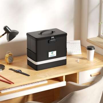 ZOOPIP Fireproof File Box with Lock, Document Box Storage Organizer, Suitable for Hanging File Folders in Letter Size, Collapsible File Box, Reflective Strip for Fast Find (12.2"*6"*10.2, Black)