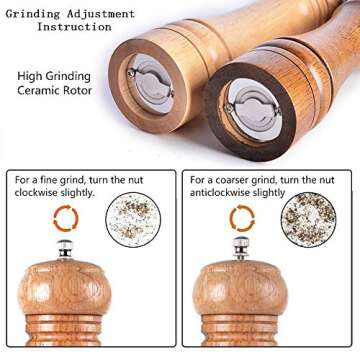 SZUAH Salt and Pepper Grinders, Oak Wooden Salt and Pepper Mills Shakers with Cleaning Brush & Wood Stand, Ceramic Rotor with Strong Adjustable Coarseness[Set of 2]