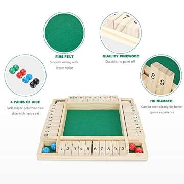 Win SPORTS Shut The Box Dice Game,Wooden Board Table Math Game for 1-4 Players,Classic Family Game with 12 Dices for Kids Adults Pub Classroom or Home(12 Inches)