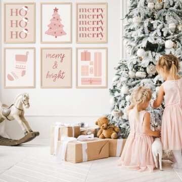 Whaline 9Pcs Christmas Boho Wall Art Prints Xmas Tree Snowflake Paper Art Posters Pink Decorative Aesthetic Wall Decor for Home Gallery Party Decor, 8 x 10 Inch (Unframed)