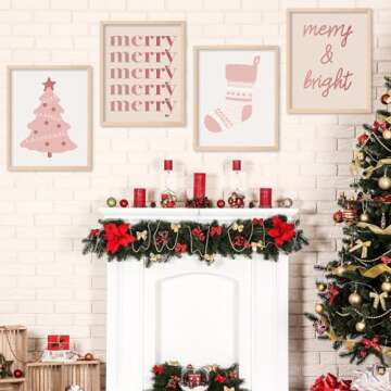 Whaline 9Pcs Christmas Boho Wall Art Prints Xmas Tree Snowflake Paper Art Posters Pink Decorative Aesthetic Wall Decor for Home Gallery Party Decor, 8 x 10 Inch (Unframed)