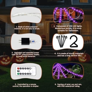 Giant Halloween Spider Web Lights with 250 LED Lights for Outdoor Decor