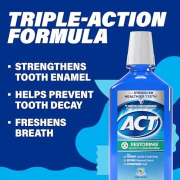 ACT Restoring Fluoride Mouthwash 33.8 fl. oz., Strengthens Tooth Enamel, Cool Mint, Pack of 3