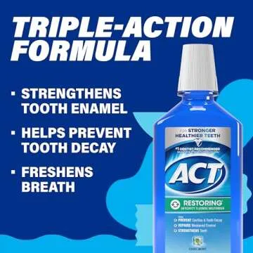 ACT Restoring Fluoride Mouthwash 33.8 fl. oz., Strengthens Tooth Enamel, Cool Mint, Pack of 3