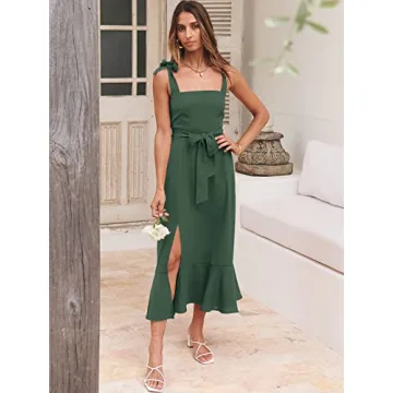 ANRABESS Women's Square Neck Ruffle Split Midi Elegant Formal Wedding Guest Cocktail Bridesmaid Graduation Party Dresses 2024 Green Medium