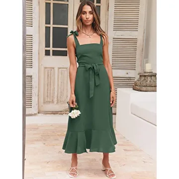 ANRABESS Women's Square Neck Ruffle Split Midi Elegant Formal Wedding Guest Cocktail Bridesmaid Graduation Party Dresses 2024 Green Medium