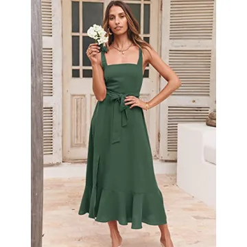 ANRABESS Women's Square Neck Ruffle Split Midi Elegant Formal Wedding Guest Cocktail Bridesmaid Graduation Party Dresses 2024 Green Medium