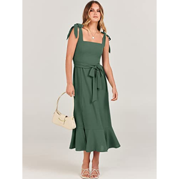 ANRABESS Women's Square Neck Ruffle Split Midi Elegant Formal Wedding Guest Cocktail Bridesmaid Graduation Party Dresses 2024 Green Medium