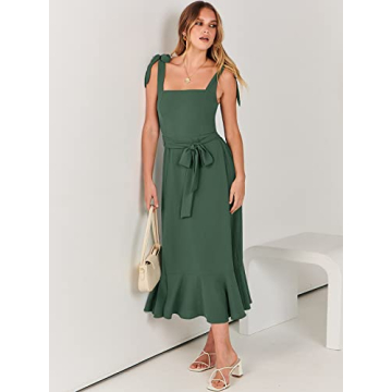 ANRABESS Women's Square Neck Ruffle Split Midi Elegant Formal Wedding Guest Cocktail Bridesmaid Graduation Party Dresses 2024 Green Medium