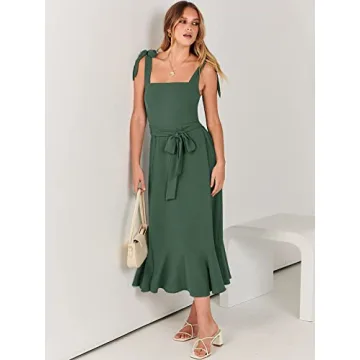 ANRABESS Women's Square Neck Ruffle Split Midi Elegant Formal Wedding Guest Cocktail Bridesmaid Graduation Party Dresses 2024 Green Medium
