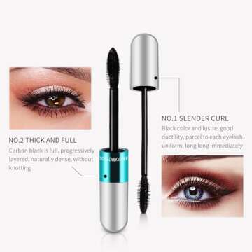 2 Pack 2 in 1 Mascara 5x Longer Washable, 2 in 1 4D Silk Fiber Lash Mascara, No Clumping, Long-lasting Black Mascara
