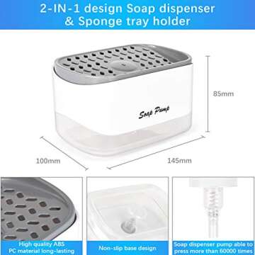 Kitchen Dish Soap Dispenser with Sponge Holder, 2-in-1 Countertop Soap Pump Dispenser, for Kitchen S...