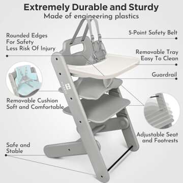 High Chair - HIYAKOI Convertible Baby HighChair Set with Removable Tray, Harness and Cushion, Adjustable Highchair for Babies/Toddlers/6 Months up to 250 Lbs