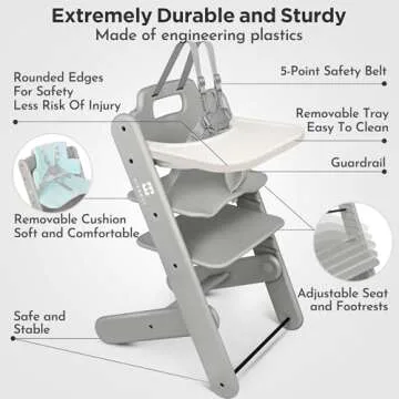 High Chair - HIYAKOI Convertible Baby HighChair Set with Removable Tray, Harness and Cushion, Adjustable Highchair for Babies/Toddlers/6 Months up to 250 Lbs