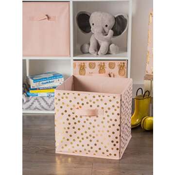 DII Non Woven Storage Collection Polka Dot Collapsible Bin Large Set, 13x13x13" Cube, Pink & Gold, 2 Piece