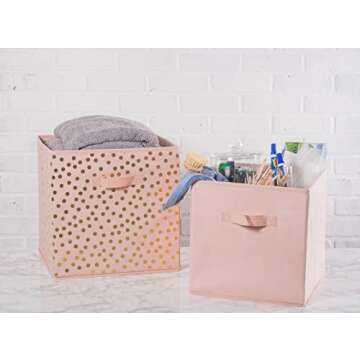 DII Non Woven Storage Collection Polka Dot Collapsible Bin Large Set, 13x13x13" Cube, Pink & Gold, 2 Piece