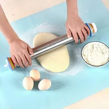 Adjustable Rolling Pin With 4 Thickness Rings, Stainless Steel Dough Roller Pizza Roller Handle Pres...