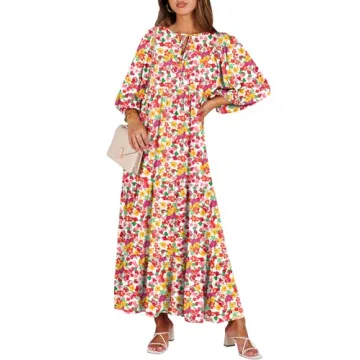 ANRABESS Women's Boho Maxi Dresses 2024 Summer V Neck Puff Sleeve Floral Flowy Swing Casual Long Dre...