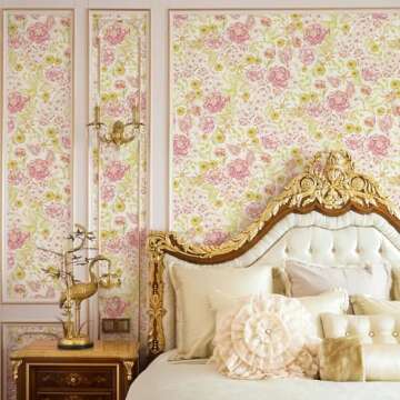 Simon&Siff Floral Wallpaper Peel and Stick Pink Yellow Vintage Wallpaper 118" x 17.3" Flowers Embroid Style Wall Decor Textured Wallpaper for Bedroom Bathroom Kitchen Renter Friendly