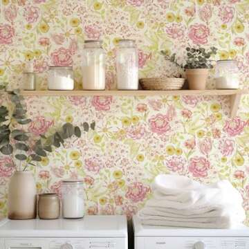 Simon&Siff Floral Wallpaper Peel and Stick Pink Yellow Vintage Wallpaper 118" x 17.3" Flowers Embroid Style Wall Decor Textured Wallpaper for Bedroom Bathroom Kitchen Renter Friendly