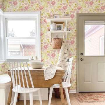 Simon&Siff Floral Wallpaper Peel and Stick Pink Yellow Vintage Wallpaper 118" x 17.3" Flowers Embroid Style Wall Decor Textured Wallpaper for Bedroom Bathroom Kitchen Renter Friendly