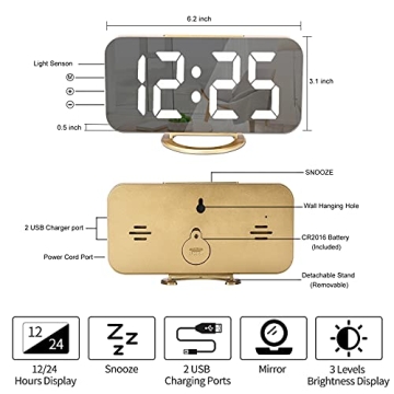 YGON Slim Digital Alarm Clock with USB Charging Ports, Stylish & Functional