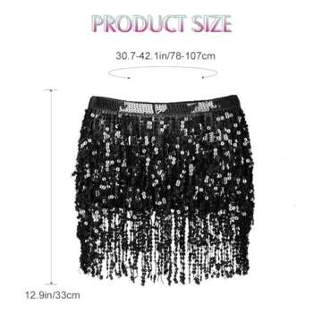 Victray Women Belly Dance Skirt Sparkly Sequin Skirts Fringe Hip Scarf Party Costume (Black)