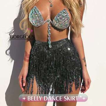 Victray Women Belly Dance Skirt Sparkly Sequin Skirts Fringe Hip Scarf Party Costume (Black)