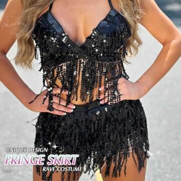 Victray Women Belly Dance Skirt Sparkly Sequin Skirts Fringe Hip Scarf Party Costume (Black)